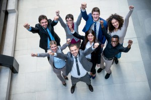 young multi ethnic business people group walking standing and top view